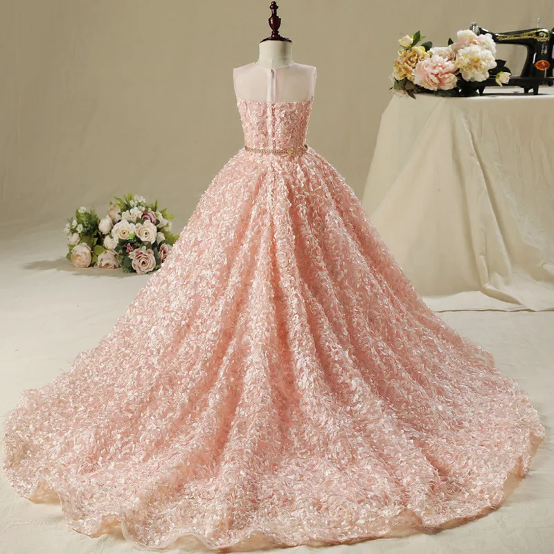 Autumn And Winter New Style Children Wedding Dress Tailing Skirt Pink Child Model Catwalks Piano Performance Formal Dress