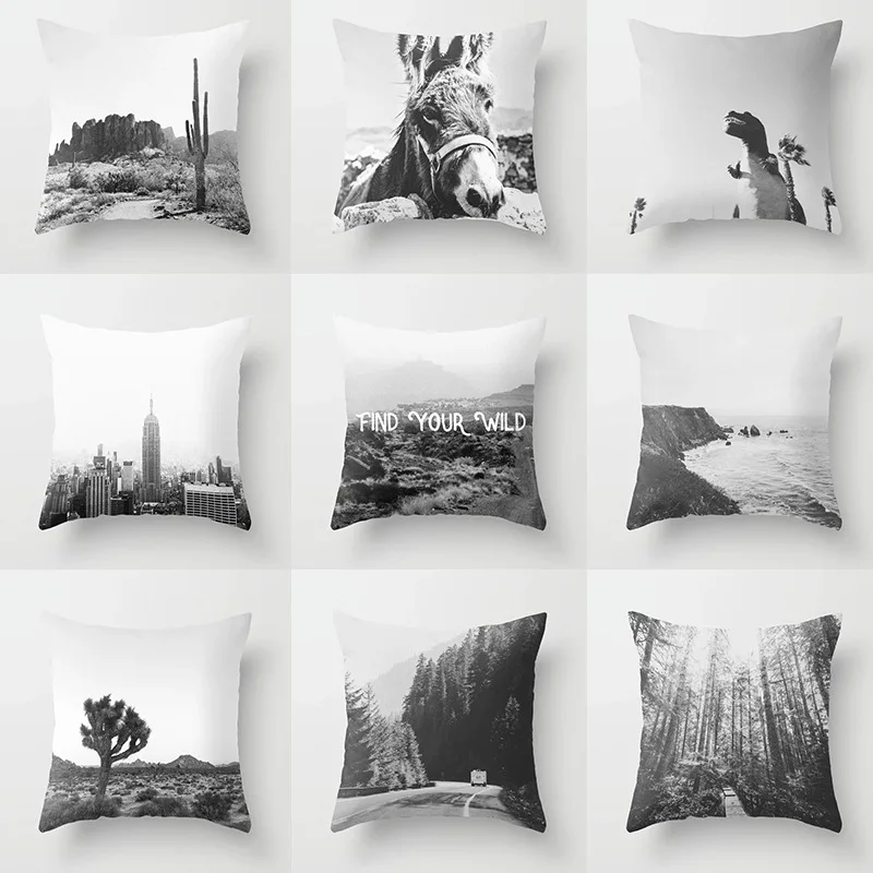 

Pillow case 45 * 45 Fashion retro black and white landscape printed polyester pillowcase Square decorative pillowcase