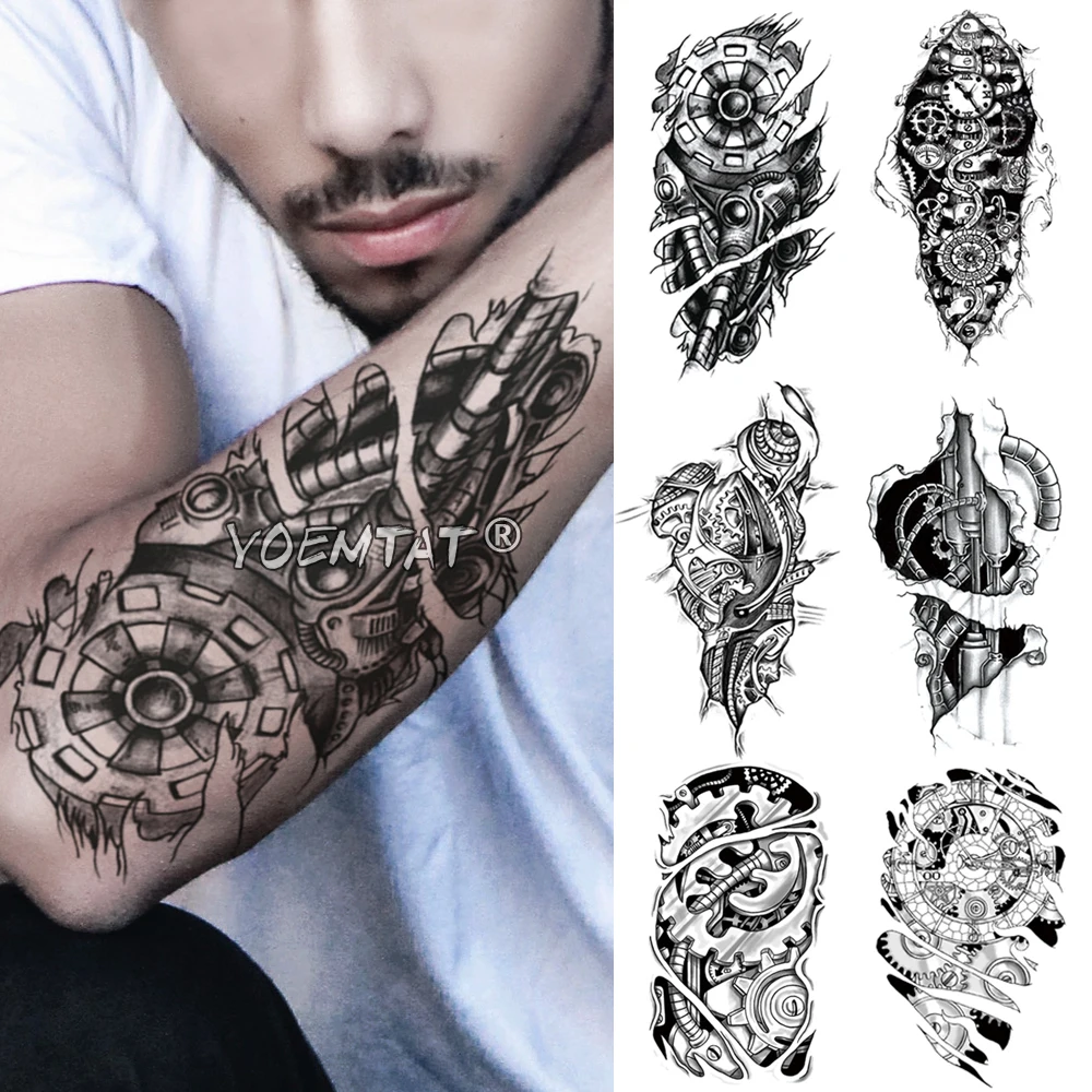 

Metal Mechanical Gear Arm Temporary Tattoo Sticker Electricity 3D Bionic Waterproof Tatto Robot Body Art Fake Tatoo Men Women