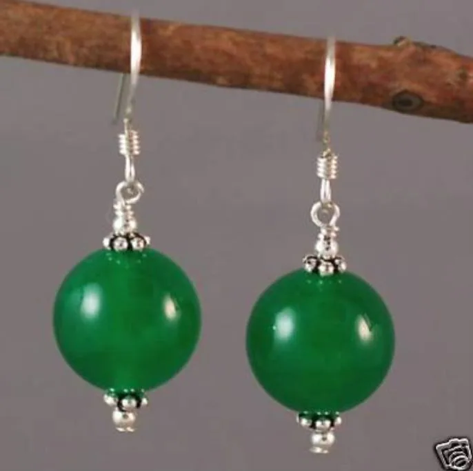 Beautiful Tibet Silver 12mm Green jade gemstone Earrings 