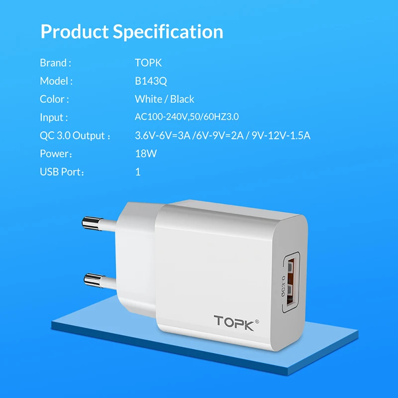 TOPK B143Q 18 Вт Быстрая зарядка 3,0 Быстрая зарядка для мобильных телефонов с европейской вилкой настенное USB зарядное устройство адаптер для iPhone samsung Xiaomi huawei