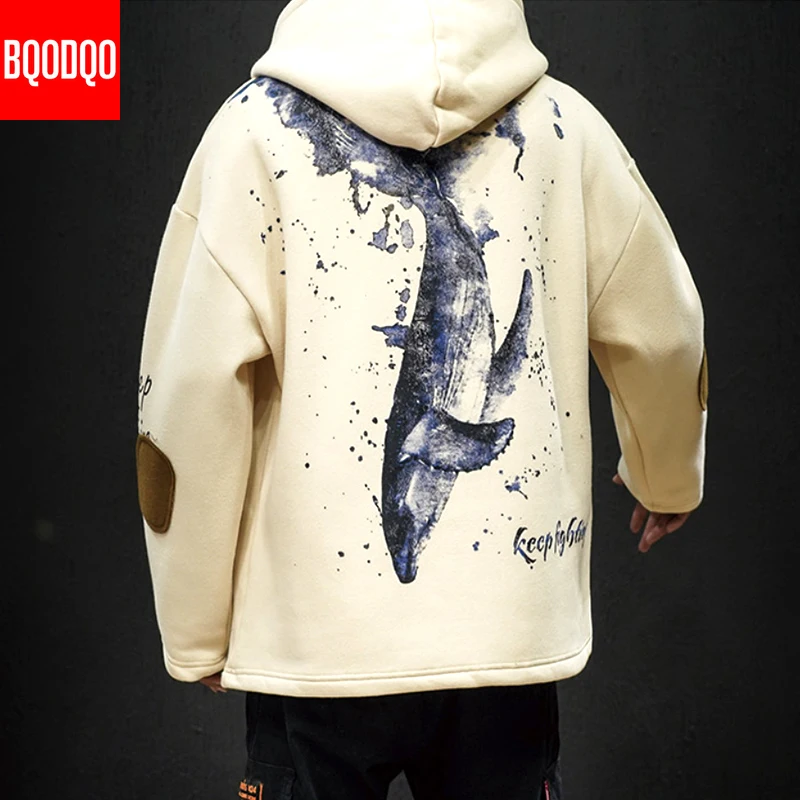Kopen Hooded Fleece Sweatshirts Hoodies Winter Mannen Streetwear Zwart College Fashion Heren Hoodie Print Hip Hop Katoen Harajuku Trui