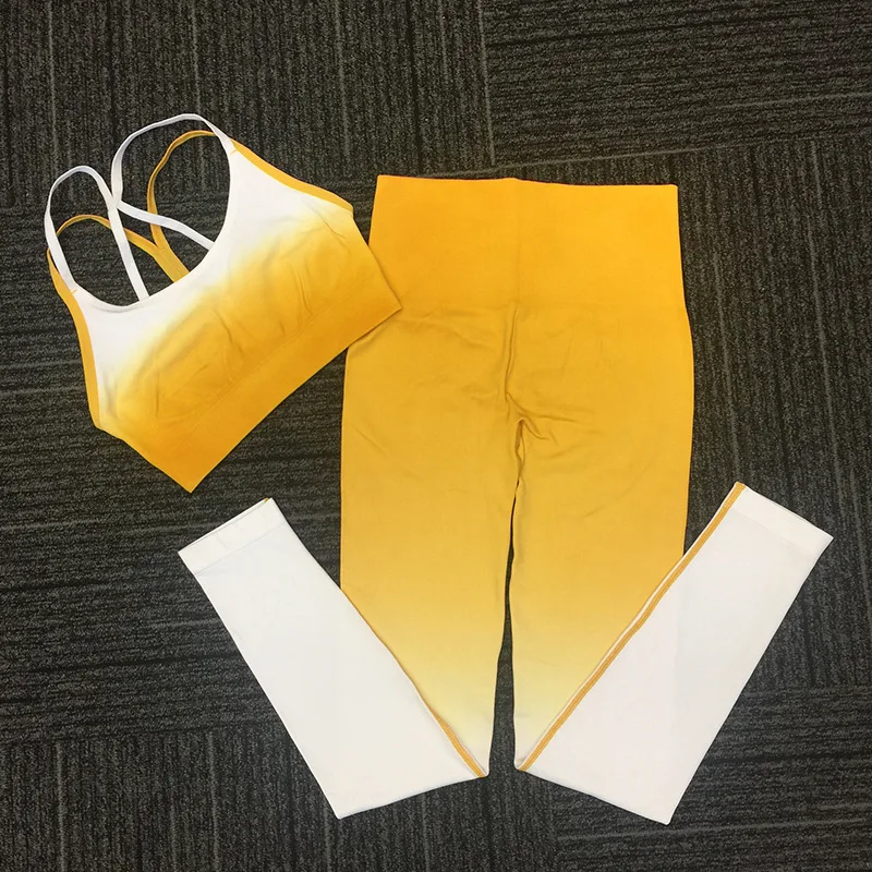 yellow white Бесшовный комплект для йоги, одежда для фитнеса, спортивная одежда, высокая талия, женские леггинсы для спортзала, колготки, мягкий пуш-ап спортивный бюстгальтер, 2 шт., спортивные костюмы - Цвет: yellow white