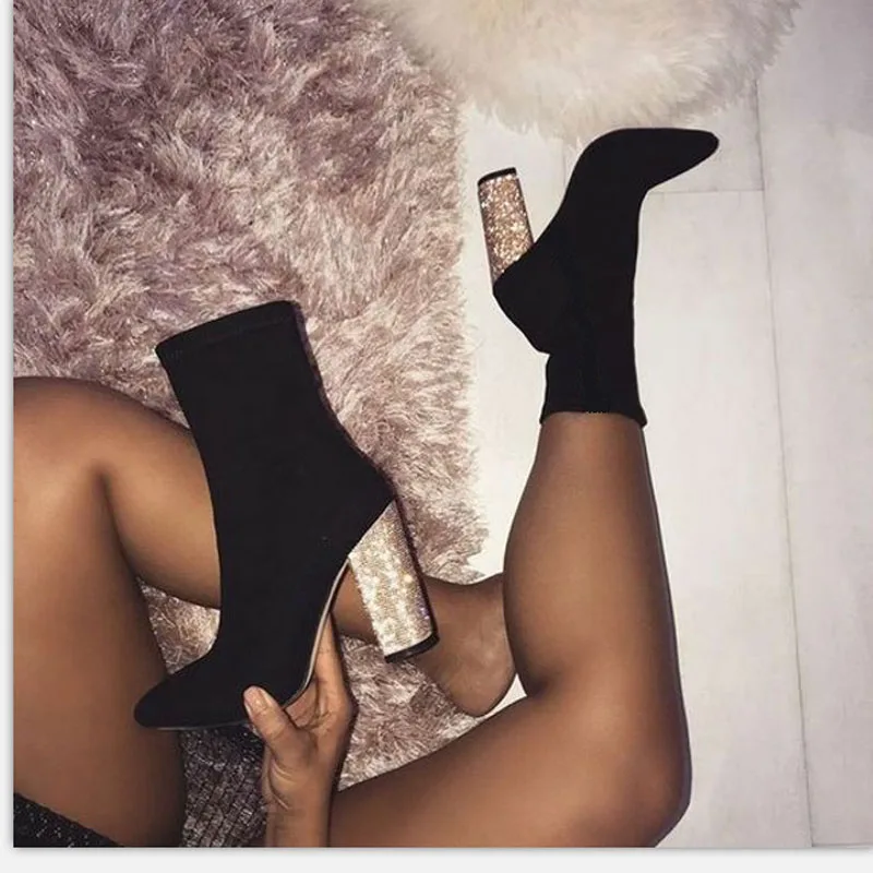 

W- Explosion style thick and increase height fashion trend non-slip wild solid sequins delicate banquet women's boots