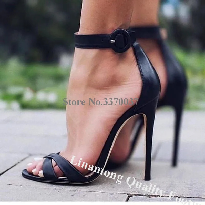 

Linamong Fashion Black Leather Stiletto Heel Sandals Ankle Straps Buckle Black White High Heel Sandals Club Dress Shoes Big Size