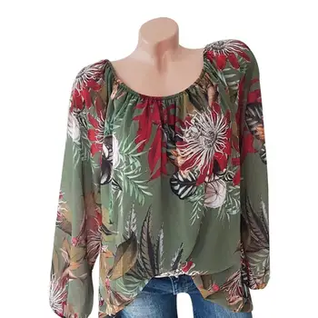 

Plus Size Flower Leaves Print Women Sexy Off Shoulder Long Sleeve Loose Blouse