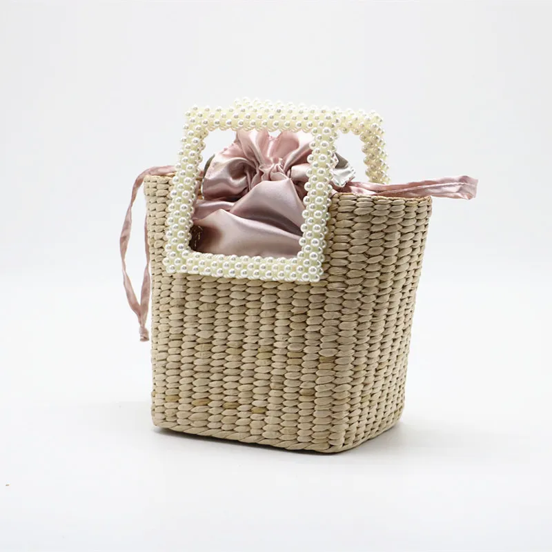 Summer Pearl Hand-woven Straw Bag Bohemian Travel Turf Grass Woven Bag Portable Diagonal Dual-use Bag Bow Decoration Female Bag