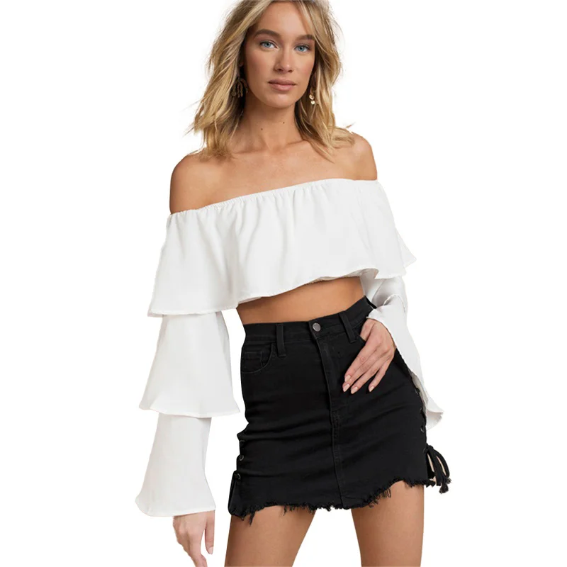 

Women Long Sleeve Shirts Slash Neck Solid Sexy Short Top Butterfly Sleeve Korean Streetwear Shirt Women Tops Elegant White Shirt