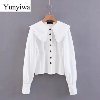 

Women Vintage Solid Color Ruffles Big Turn Down Collar Casual Smock Blouse Shirts Women Retro Blusas Chic Femininas Tops