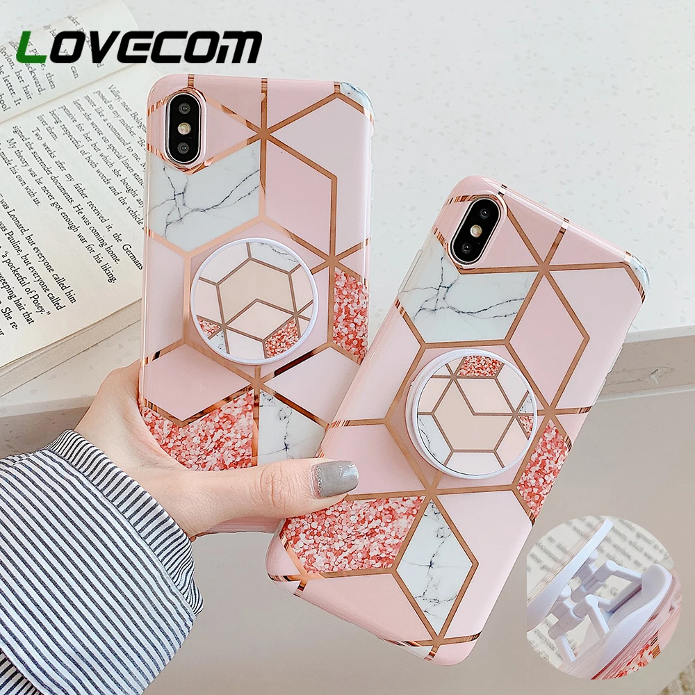 

Pink Geometric Marble Kickstand Phone Case For iPhone XR 7 8 Case For Samsung S8 S9 Soft Electroplated Marble Holder Phone Cover