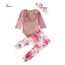 Комплект зимней одежды для малышей с цветочным рисунком; комбинезон для новорожденных девочек; топы и штаны; повязка на голову; розовый наряд; детская одежда для девочек