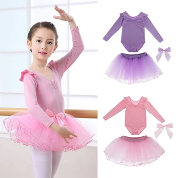 

Girl's Kid's Long Sleeve Leotard Ballet Dance Mesh Tutu Skirt