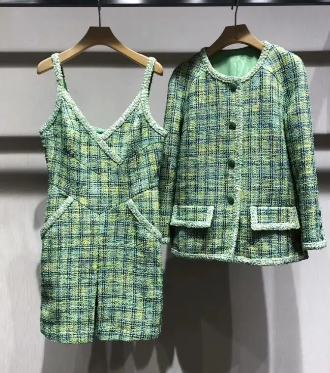 Jacket and dress set Женский твидовый пиджак и платье, комплект из 2 предметов, плюс размер, сарафаны, повседневный халат, сексуальный 5XL 6XL, элегантное платье, твидовое вечернее платье - Цвет: Jacket and dress set