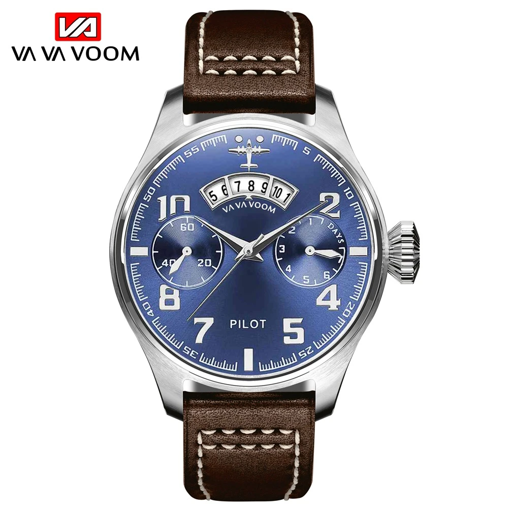 Airplane Sports Military Blue Dial Pilot Calendar Men Wristwatch Chronograph Fashion Casual Brand Army Brown Leather Watches