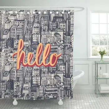 

Hello Quote Hand Lettering Big City Vintage NYC Architecture Shower Curtain Waterproof Fabric 72 x 72 Inches Set with Hooks