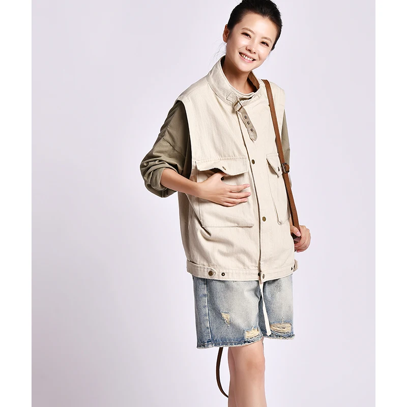 

V8930 Artistic work clothes large bag of cotton loose zipper button sleeveless vest