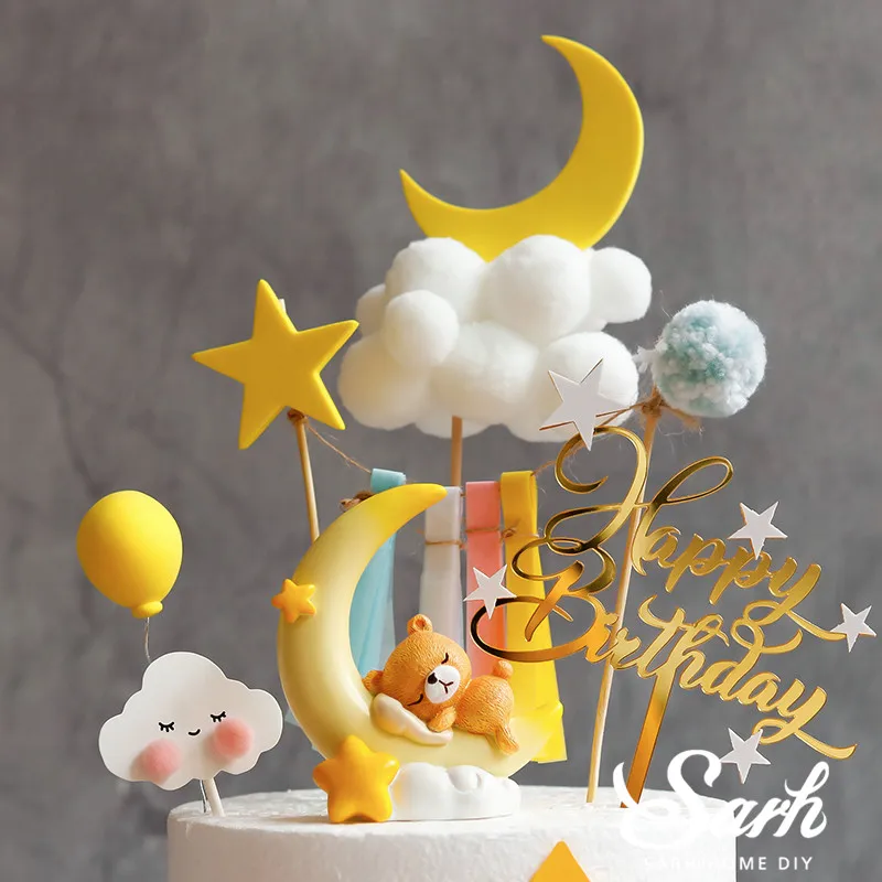 Луна Звезда медведь торт Топпер для свадебной вечеринки Hairball кисточкой Радуга принадлежности на день рождения детский душ десерт украшения Любовь Подарки