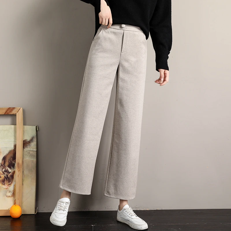 

2019 autumn winter new THICK casual straight pants Female Grey Loose Pants Elegant OL Work Trousers Women Wide Leg Pants