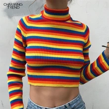 

Women Rainbow Sweaters Pullover 2020 Winter Spring Slim basis Short Ladies Clothes Retro Stripes Femlae Knit Elasticity Tops