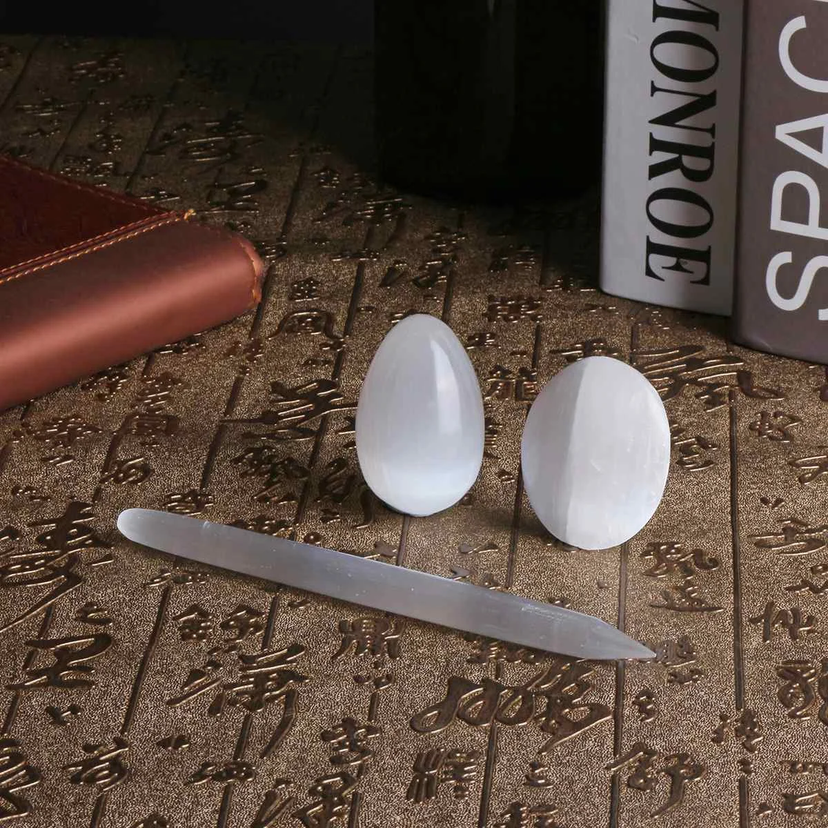 

KIWARM 3Pcs Set White Egg/Palm Stone/Pointed Gua Sha Facial Scraping Massage Natural Wand Crystals Decor Manual Health Massager