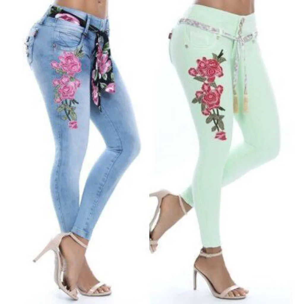 

Women Stretch High Waist Jeans new high-waist Applique solid color straight-legged elastic slim denim trousers Large size L0830