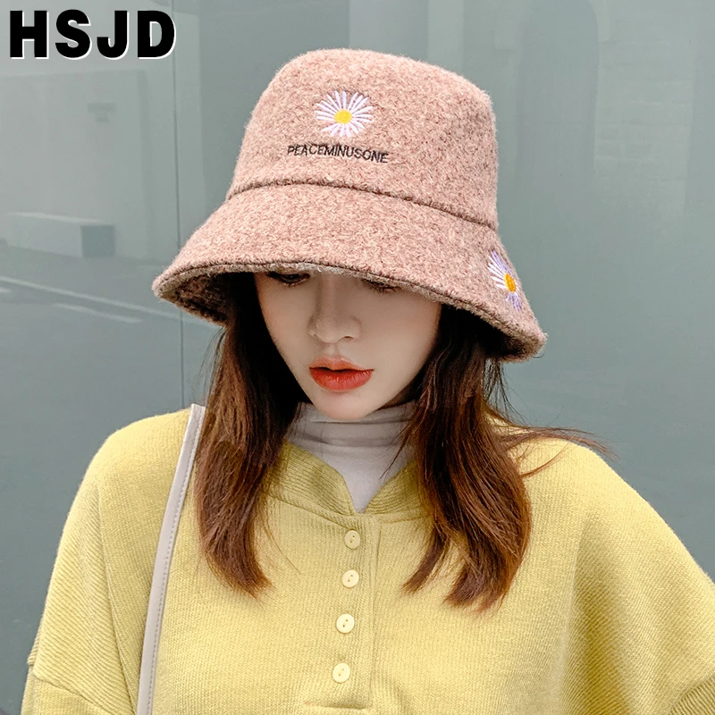 

Korean Women Hat Daisy Flowers Embroidery Wool Bucket Hat Autumn Winter Warm Female Wide Brim Foldable Fisherman Hats Panama Cap