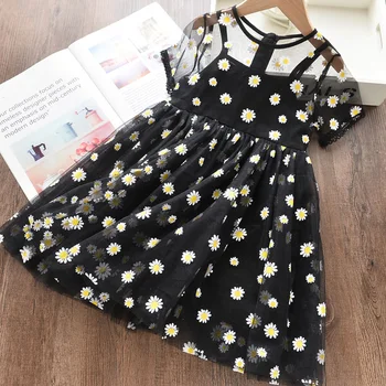 

2020 New Girl Dress Summer Daisy Printed Yarn Short Sleeve Fake Two Pieces Party Mesh Children Dresses