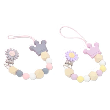 

2x Silicone Wood Beads Baby Pacifier Clip Chain Cute Flower Crown Pacifier Clips Soother Chew Toys Gray & Purple