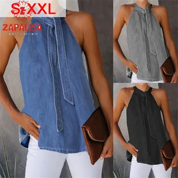 

Fashion Women Summer Solid Color Denim T-Shirts Bandage Design Halter Sleeveless Backless Casual Loose Ploovers Top