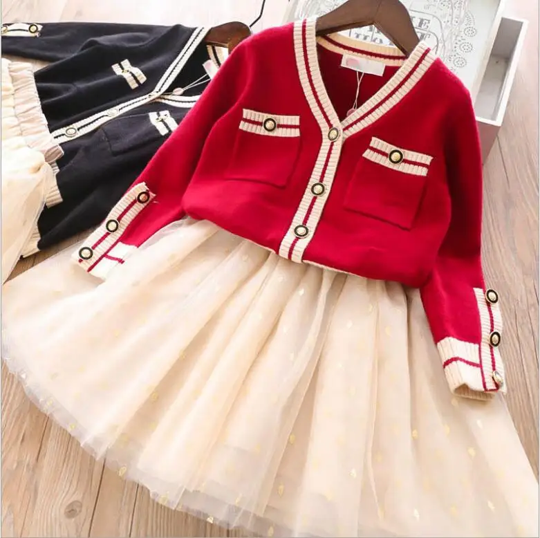 

girls sweater cardigan and tulle skirts boutique kids clothing sets sweet back to school outfit wholesale children clothes