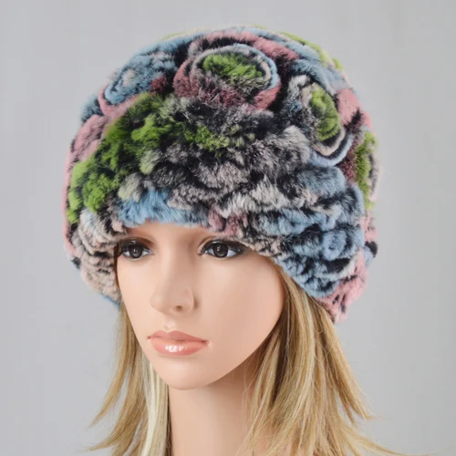 colorful 1 Брендовые женские шапки из меха кролика Рекс, вязаные полосатые шапки из натурального меха кролика Рекс, зимние теплые шапки с цветами Skullies, меховая шапка - Цвет: colorful 1