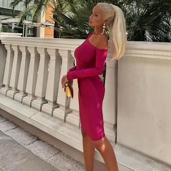 

Women Fashion Elegant Party Dresses Long Sleeve Solid Bodycon OL Vintage Sexy Cold Shoulder Sundress Strapless Slim Clothes Fall