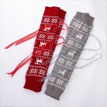 

Women Girl Christmas Crochet Knit Long Leg Warmers Reindeer Snowflake Jacquard Over Knee Thigh High Cover Boot Socks with Ribbon