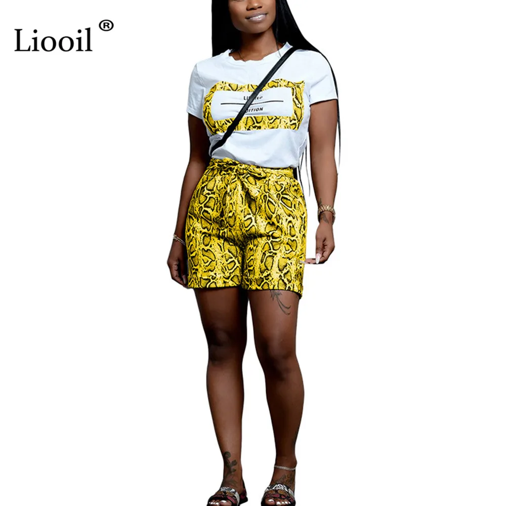 3618-Yellow Liooil, змеиный принт, комплект из двух частей, короткий, женский,, рубашка, укороченный топ и байкерские шорты, сексуальная клубная одежда, спортивная, активная одежда, спортивный костюм - Color: 3618-Yellow