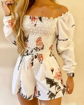 

Women 2pcs Suits Off Shoulder Shirring Design Floral Print Top and Elastic Shorts Set