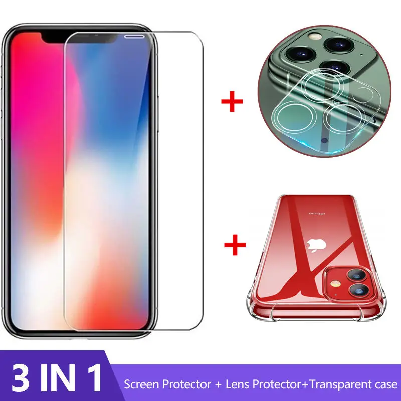 

3-in-1 Case + Camera Glass For iphone 11 Pro Max XR XS MAX X Screen Protector Lens Glass On iphone X 7 8 6 6S protective Glass