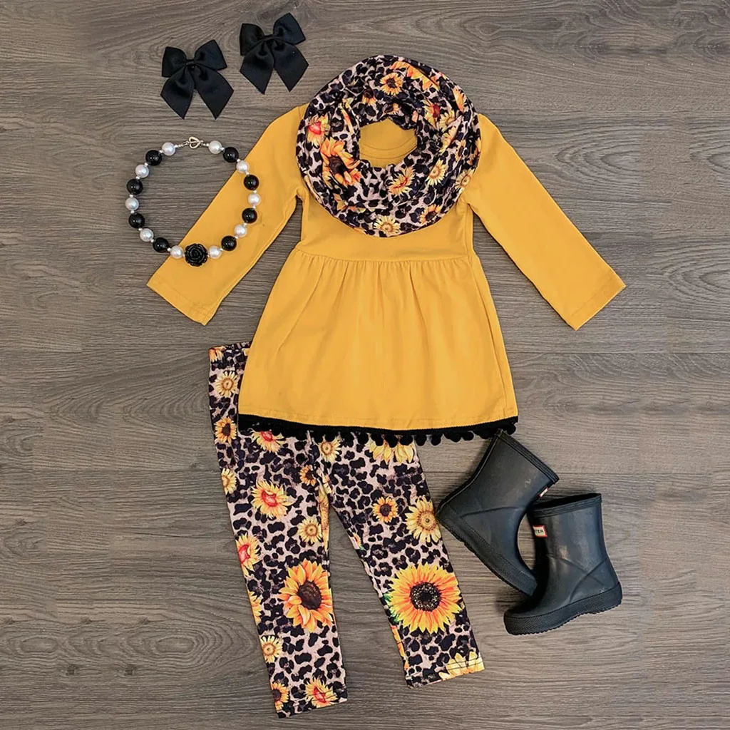 Платье с кисточками для маленьких девочек + леопардовые штаны принтом подсолнуха