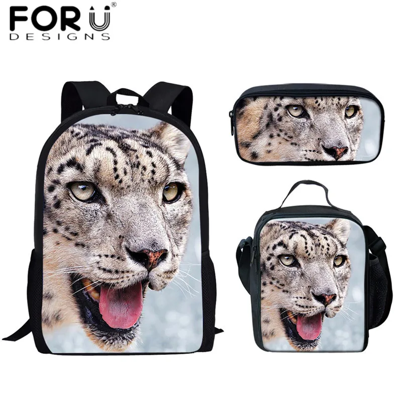 FORUDESIGNS/зимние леопардовые 3D школьные рюкзаки в виде животных, для женщин и детей, 3 шт./компл., рюкзаки, сумка для еды, пеналы для мальчиков, портфель - Цвет: HMA354CGK