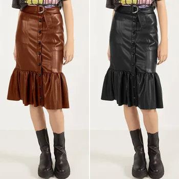 

2020 Celmia Women PU Leather Skirt Celmia Sexy Vintage High Waist Bodycon Ruffle Skirt Casual Solid Office Belt Skirts Plus Size
