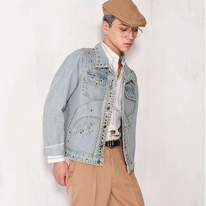 KIOVNO Men Punk Rivet Denim Jackets With Rhinestone Fashion Style Jeans Jackets Outwear Male Multi Pockets Size S-4XL (17)