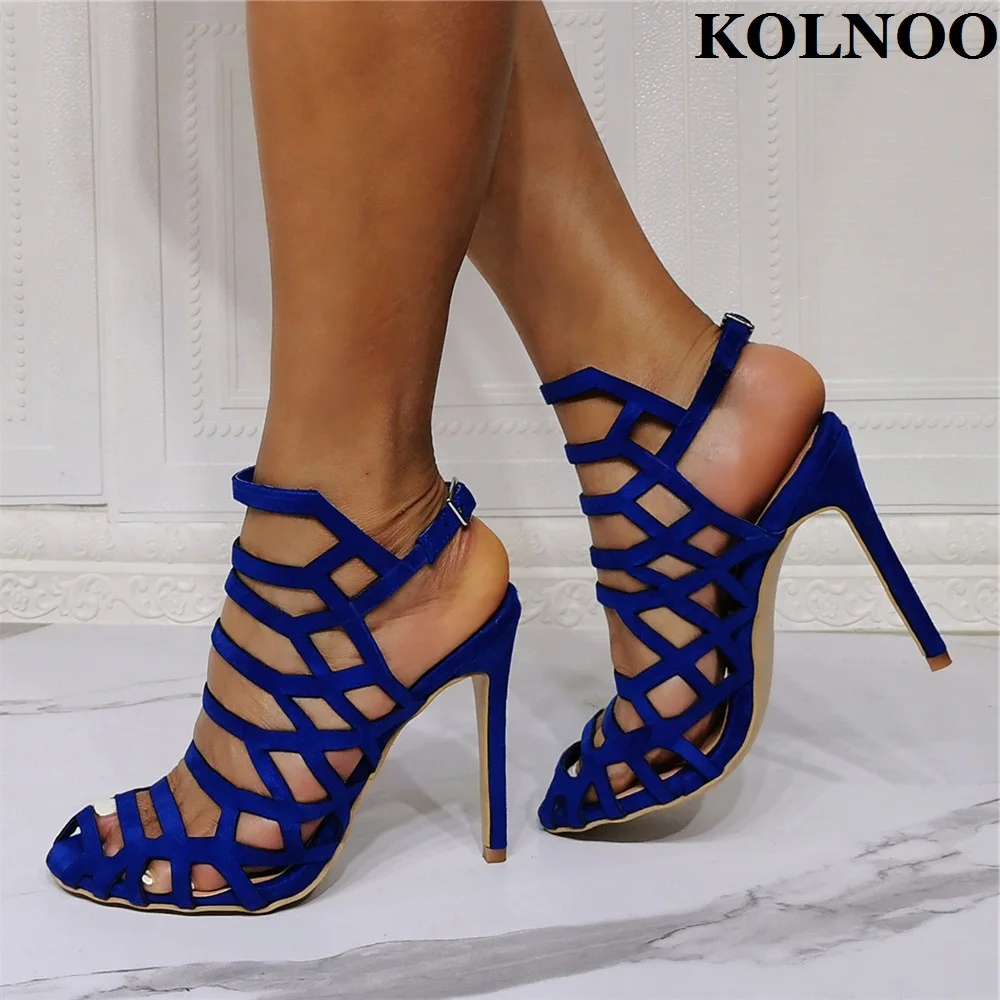 

Kolnoo New Handmade Ladies High Heeled Sandals Faux Suede Leather Real Photos Summer Party Shoes Evening Xmas Fashion Blue Shoes