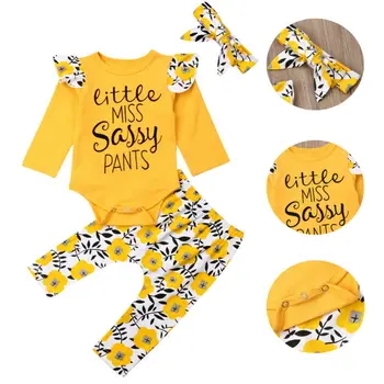 

2020 Newborn Infant Baby Girls Clothes Little Miss Sassy Dasiy Romper Top + Floral Long Pants + Headband Outfit Autumn 3PCS Set