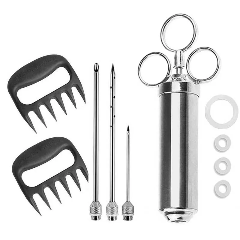 Marinade Meat Injector 2 Ounce Capacity with 6 Needles Silicone Brush Stainless Steel BBQ Injector Syringe - Цвет: 3Needle 2Fork