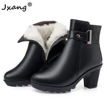 

JXANG 2020 Women's leather women's boots thick-soled high-heeled ankle boots women's round-toed winter shoes women Basic Wool