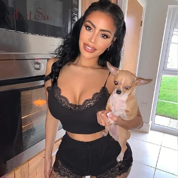 

Artsu Women's Sleepwear Lingerie Lace Pajama Set Sleepwear Set Sleeveless Cute Cami Top and Shorts Black Lace V-Neck Pajamas