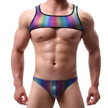 Мужские экзотические Майки+ трусы, набор из искусственной кожи, Радужный плечевой ремень, бодибилдинг, блестящий сценический костюм, костюм для геев