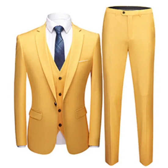 New men leisure single-breasted suits 3 pieces sets / Man's pure color business suit jacket blazers coat+ vest+pants - Цвет: 3 PCS huang se