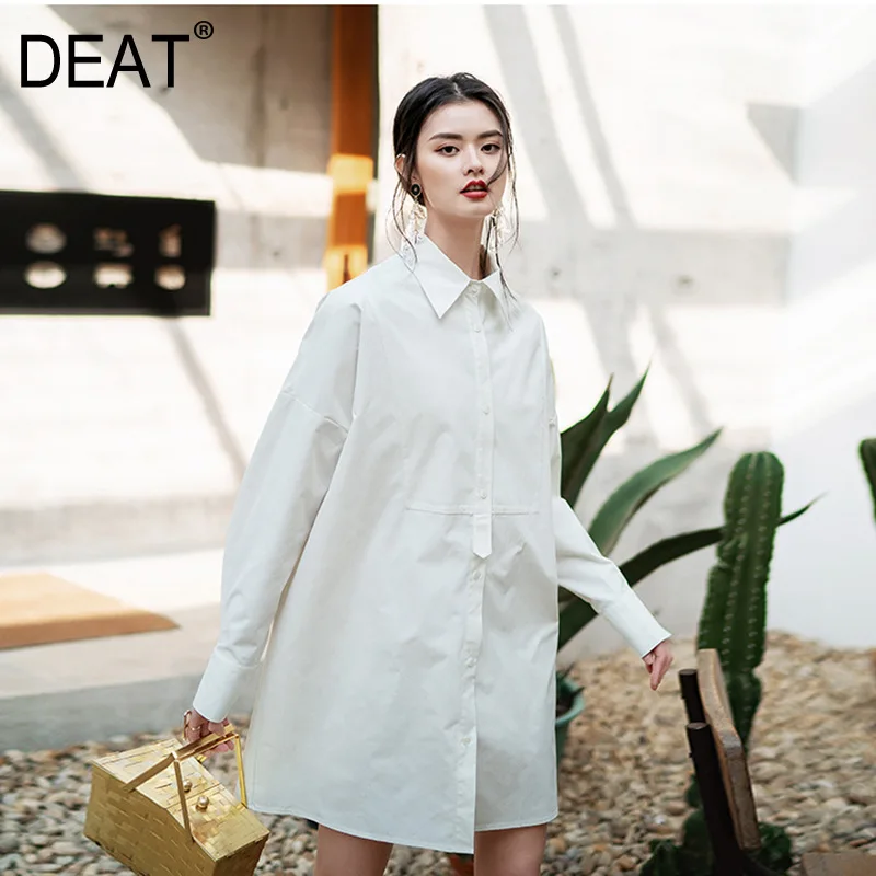 

[DEAT] 2019 New Spring Summer Turn-down Collar Long Sleeve Brief Personality Temperament Wild Dress Women Fashion Tide 13D397