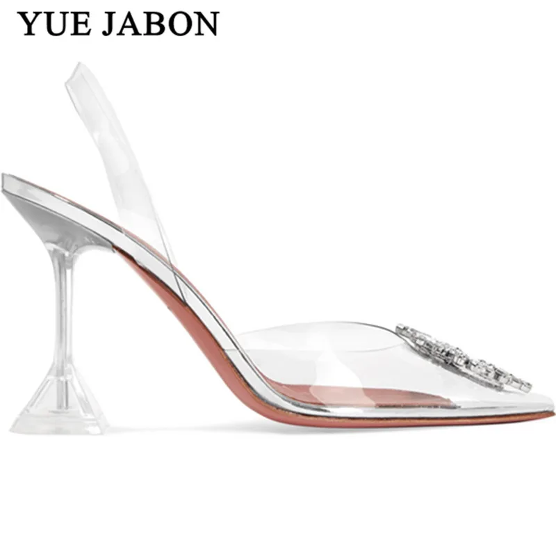 

New Clear Flower triangle cup heel shoes Transparent Sandals Women Rhinestone High Heels wedding shoes Slingback Sandalias mujer