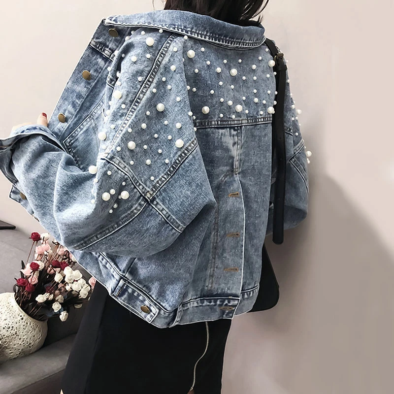 Plus size denim jacket with pearls Clearance